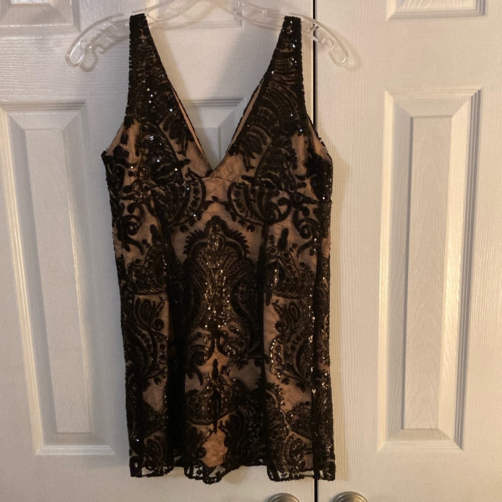Free People Black and Tan Dress sequined, spaghetti straps, Small